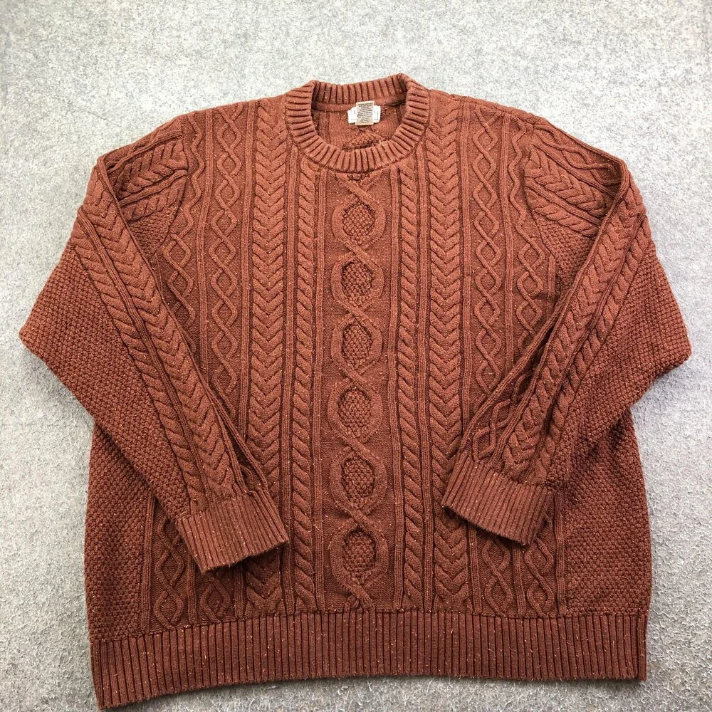 L.L.Bean Sweater Mens 3XL Tall Brown Fisherman Cable Knit Crewneck Cotton - Picture 1 of 9